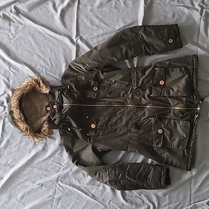 Olive Green coat with hood faux fur rose gold accents YMI medium